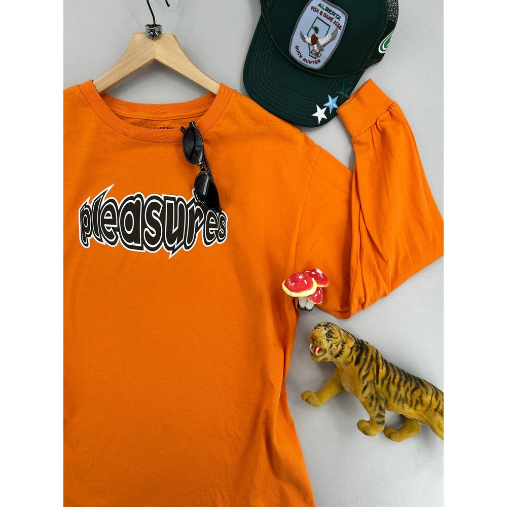Men's Pleasures Now Orange Long Sleeve Graphic T-Shirt Logo Streetwear Size L
